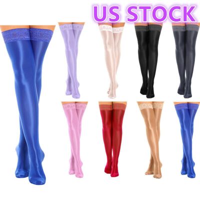 US Women Lace Trim Socks Shiny Thigh High Stockings Pantyhose Hosiery Stockings